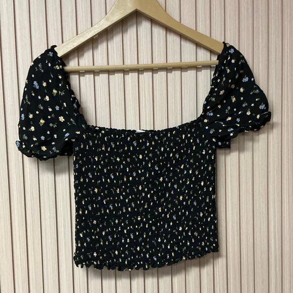 Reformation Smocked Puff Sleeve Blouse Black Floral Print Size M - Picture 1 of 6